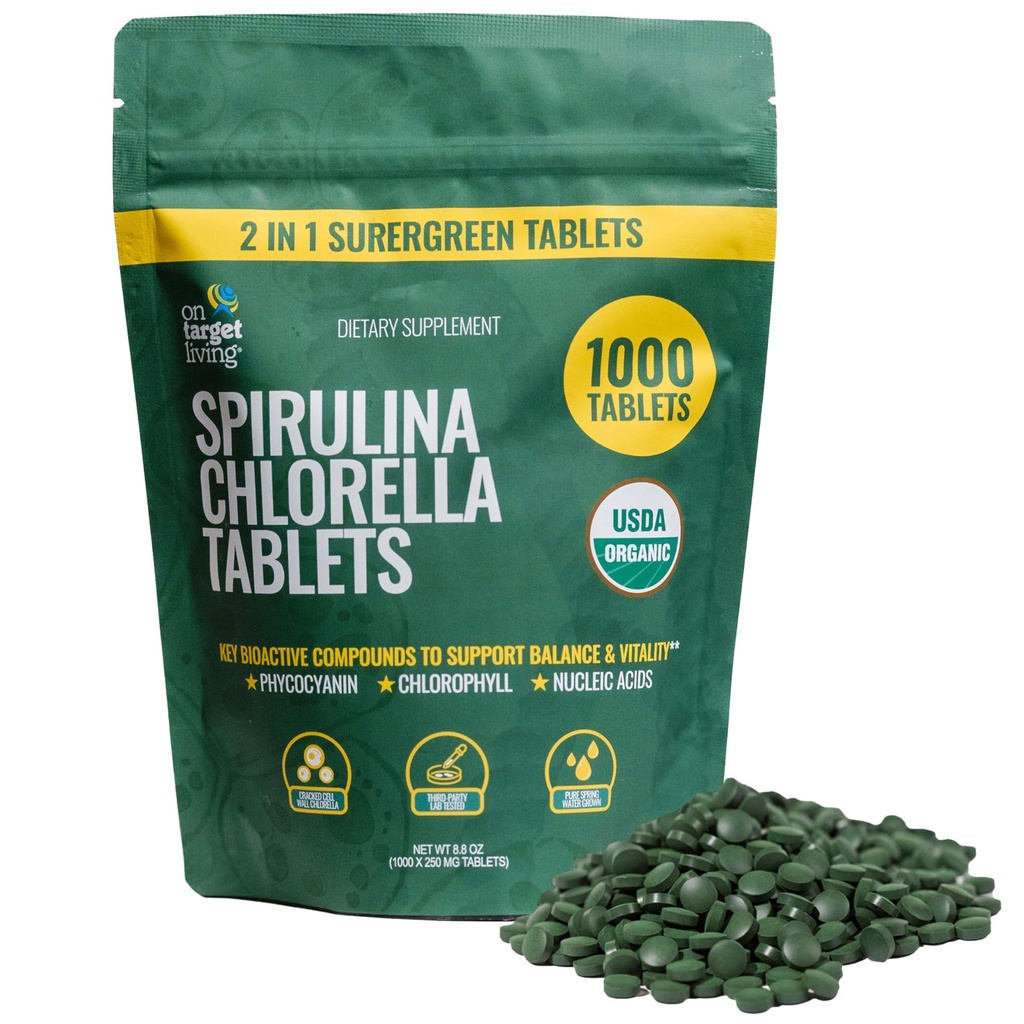 Hedefte Organik Spirulina Chlorella | Supergreens | USDA Organik | 1000 Tablet - 250 G (8.8 oz) | Vegan | Immune Support | Alkalyzing | Nutrient Dense | Protein Dense |