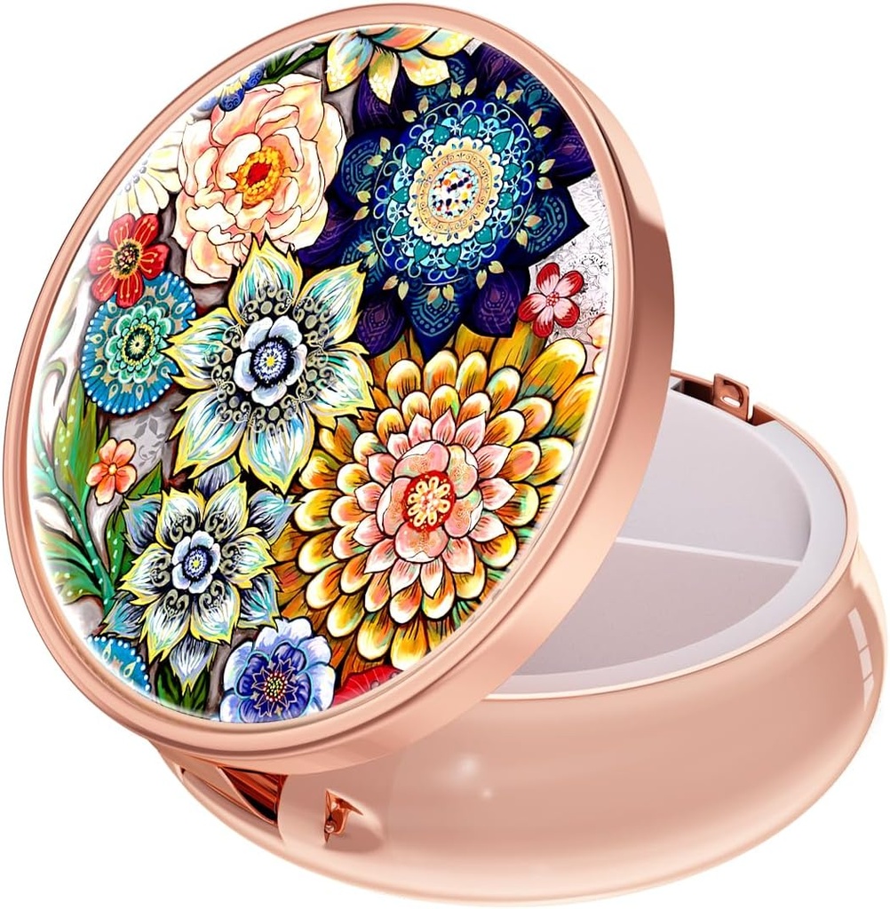 Rouidr Pill Box, 3 Karşılaştırmalı Tıp Pill Case, Small Metal Travel Medicine Box for Purse & Pocket, Rose Gold, Mandala Çiçek