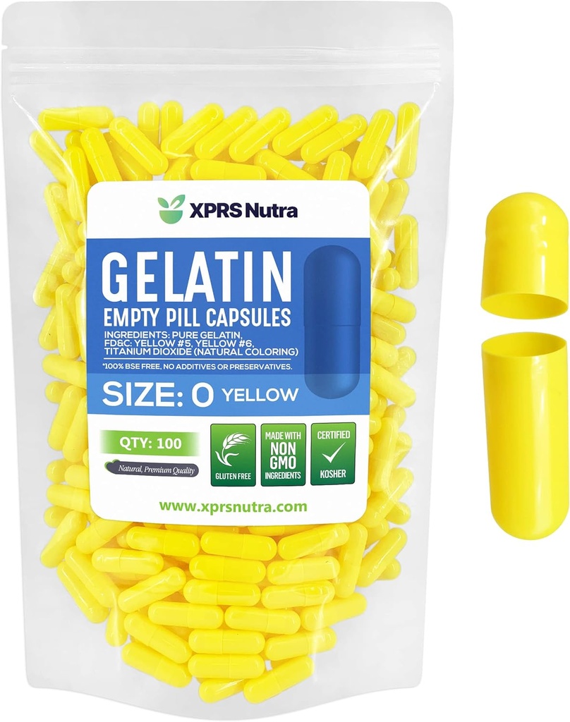 XPRS Nutra Μέγεθος 0 Κενές κάψουλες - 100 Count Empty Gelatin Κάψουλες - Χάπια DIY Καψάκιο Γέμισμα - Καθαρά καπάκια τζελ Μπόβιν Χάπι για το Do-It-Yourself Συμπληρώματα (Κίτρινο)