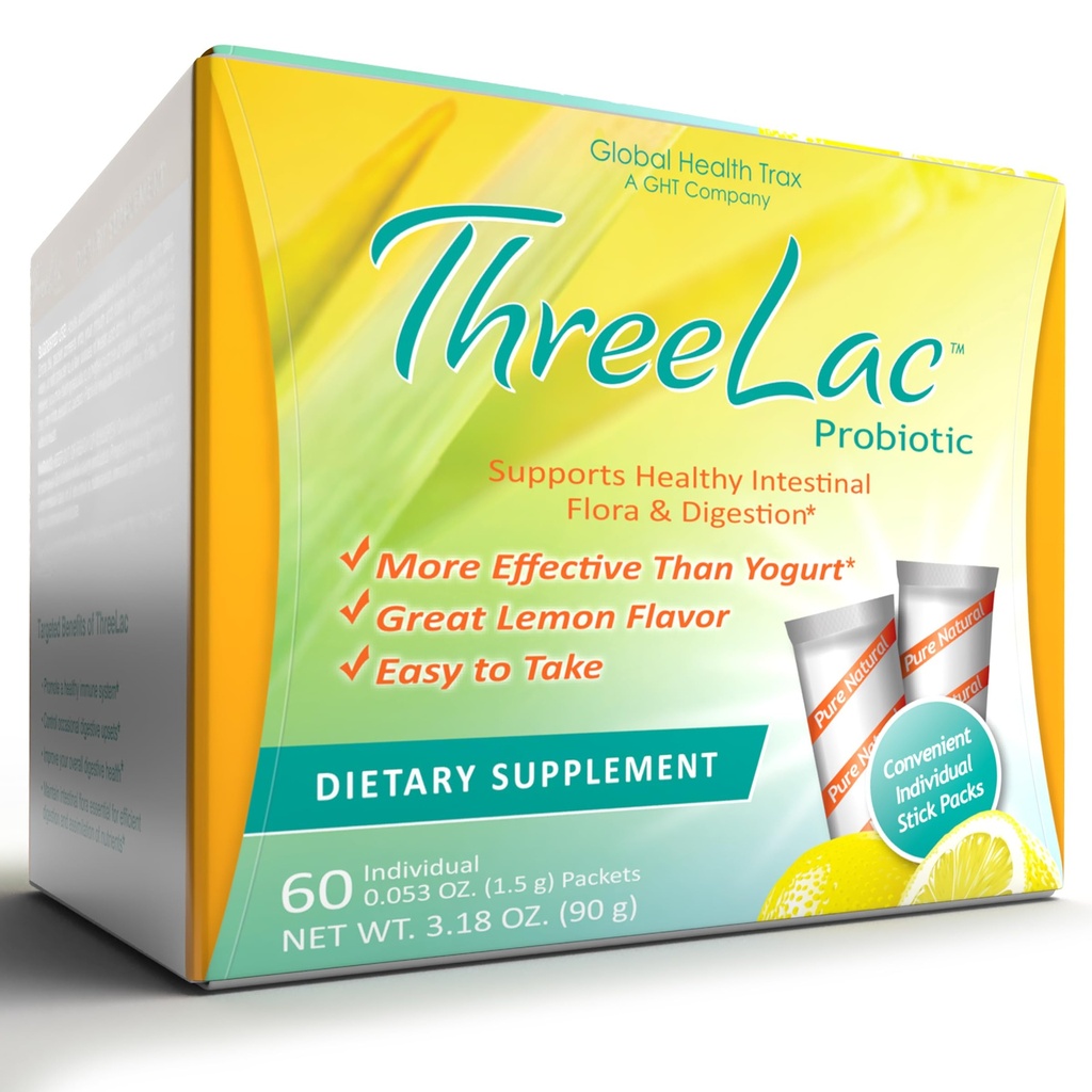 Global Health Trax GHT - ΤρειςLac Λεμόνι Probiotic ποτό Mix για Digestive Υγεία - Advanced Probiotic σκόνη Φόρμουλα για άνδρες, γυναίκες & παιδιά - ανοσοποιητική υποστήριξη & ισορροπία ούρων, μη-GMO - 60 πακέτα