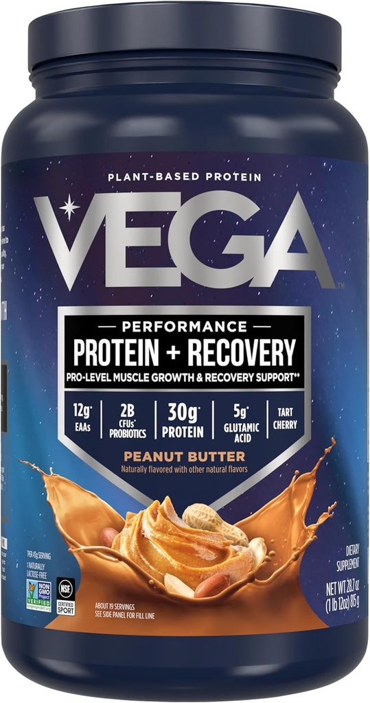 Vega Sport Vegan Protein Toz + Recovery - 30g Plante Tabanlı Proteinler, Peanut Butter, 19 Hizmet, 5g BCAAs, Probiyotiks, NSF sertifikalı, Shakes & Smoothies, 1.8lbs (Pazar Mayıs Vary)