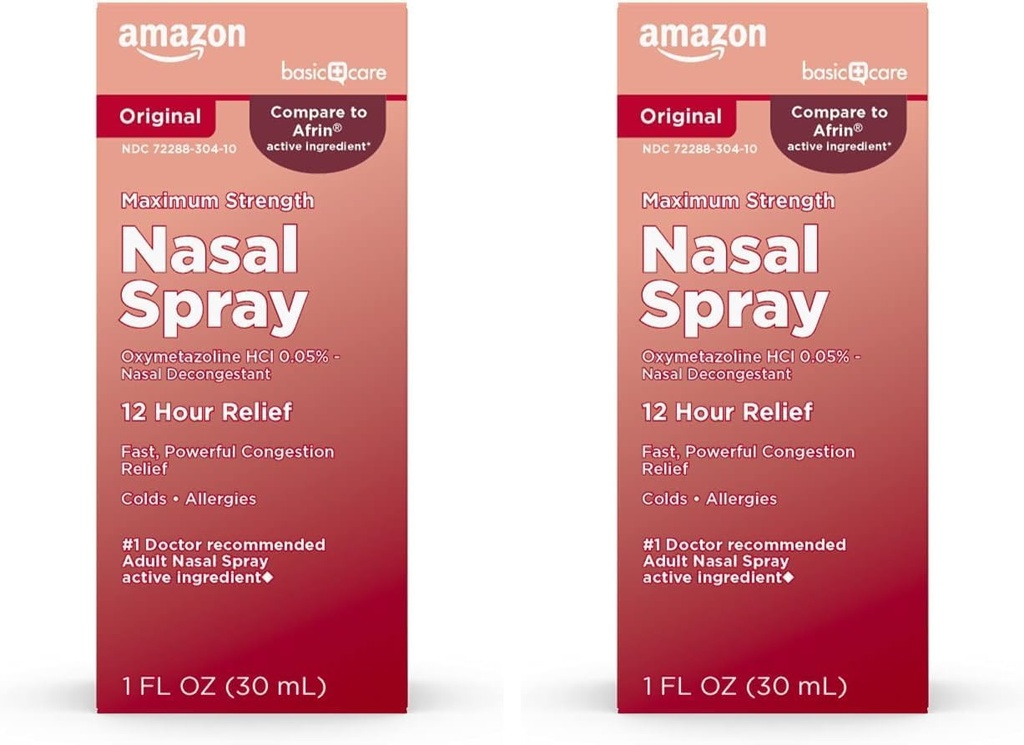 Temel Bakım En Güçlü 12 Saat Nasal Sprey, Oxymetazoline HCl Çözümü, Congestion Relief, Cold and Antissage Medical, Decongestant, 1 Fl Oz (Pack of 2)