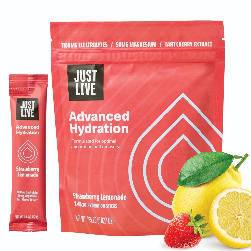 Just Live Advanced Hydration - Strawberry Lemonade, Electrolyte Drink Mix, Tart Cherry Extract, Supports Recovery & Abxia, Low Sugar, 14 Pack