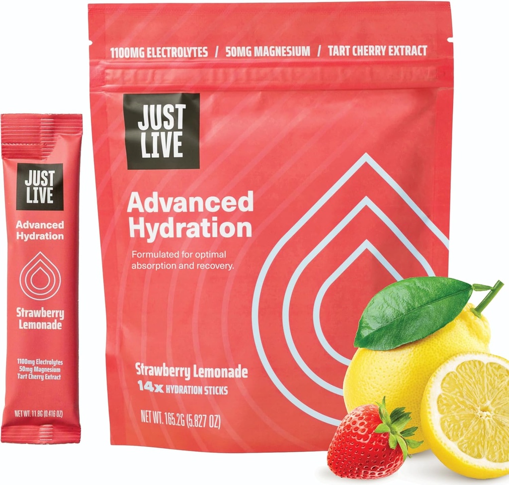 Just Live Advanced Hydration - Strawberry Lemonade, Electrolyte Drink Mix, Tart Cherry Extract, Supports Recovery & Abxia, Low Sugar, 14 Pack