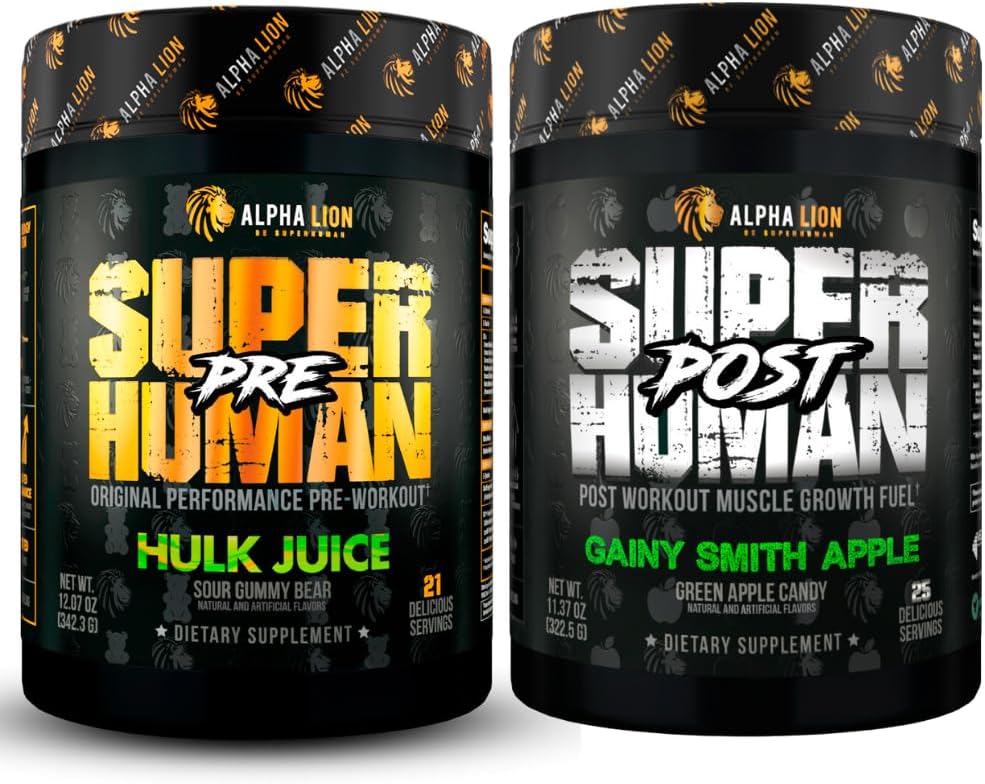 ALPHA LION Superhuman Pre Workout Powder & Post Workout Recovery Bundle, Contentive Energy & Focus + Lean μυϊκή ανάπτυξη, δύναμη & όγκος (Hulk Juice & Gainy Smith Apple)