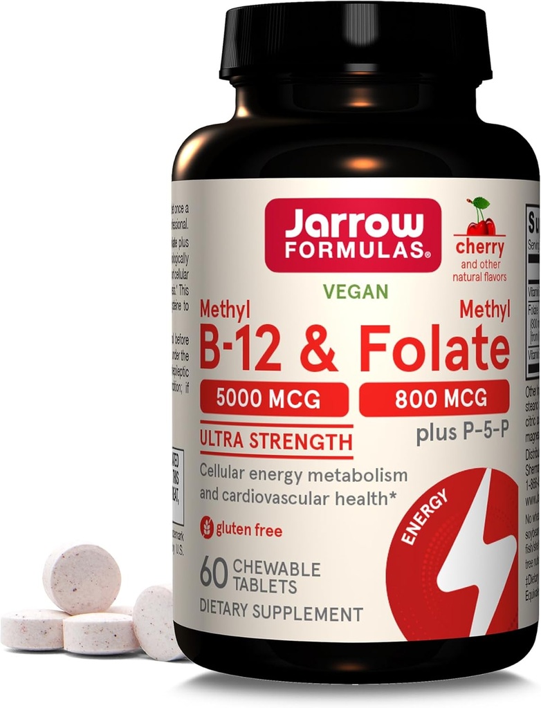 Jarrow Formulas Me-12 & Metil Folate - 60 Chewable Tabletler, Cherry - Biyoaktif Vitamin B12 & B9 - Enerji Üretimi, Beyin Fonksiyonlu ve Metabolism - Gluten Free - 60 Hizmetler