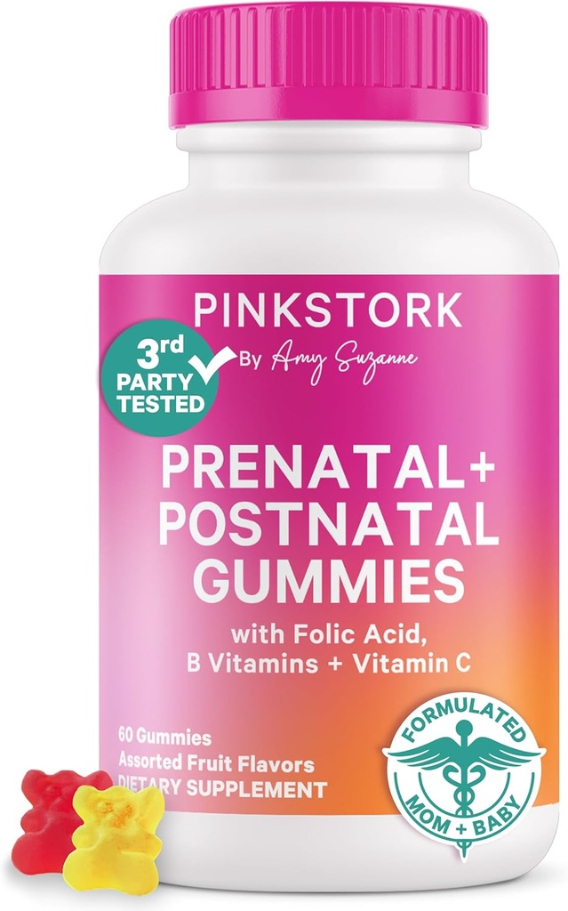 Pink Stork Ferttitude + Prenatal + Postnatal Gummy Vitaminleri – Full Motherhood Journey Support – Multivitamin with Folate, B Vitamins, çinko & Biotin – 60 Assorted Fruit Gummies
