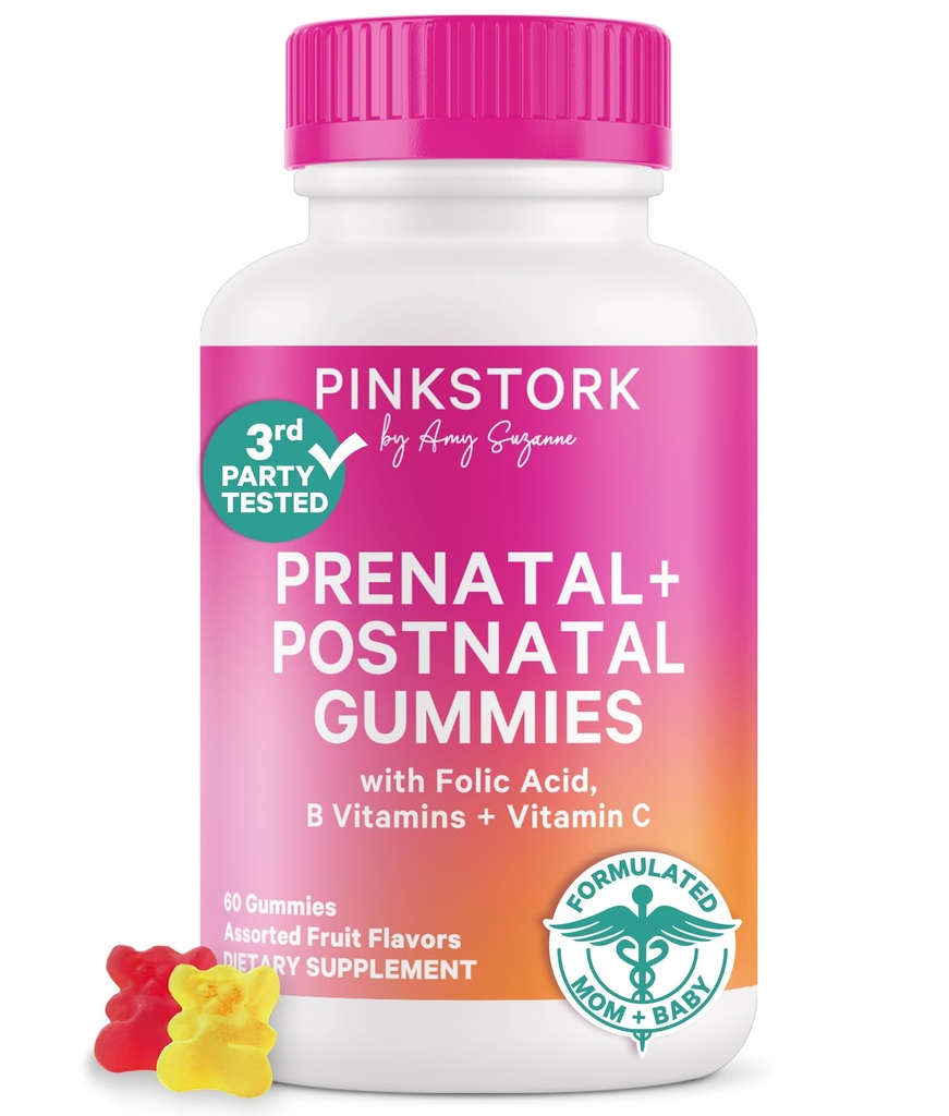 Pink Stork Ferttitude + Prenatal + Postnatal Gummy Vitaminleri – Full Motherhood Journey Support – Multivitamin with Folate, B Vitamins, çinko & Biotin – 60 Assorted Fruit Gummies