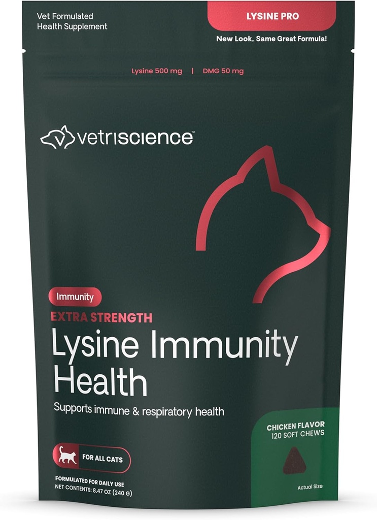 VETRISCIENCE Extra Strength Lysine Immunity Health Chews - συμπλήρωμα ανοσίας για γάτες όλων των ηλικιών - Υποστηρίζει την Ανοσολογική λειτουργία, την υγεία των ματιών και την καρδιαγγειακή λειτουργία - 120 κόμης