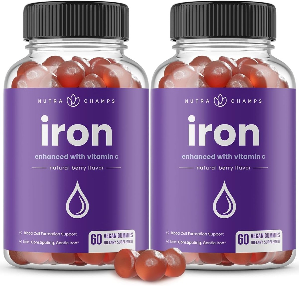 NutraChamps Iron Gummies with Vitamin C, 20 mg Iron Blood Hücre Formasyon Desteği, Demir Eksikliği ve Anemi, Enerji, Focus, Immune Boost Pack of 2