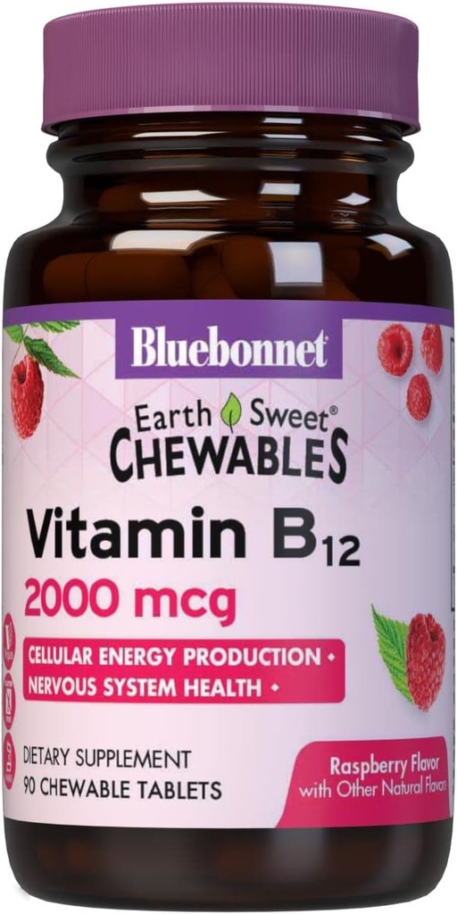 BlueBonnet Beslenme Dünya Tatlı Vitamin B12 2000 mcg Chewable Tabletler, Soy-Free, Gluten-Free, Kosher sertifikalı, Süt-Free, Vegan, Raspberry Flavored, 90 Chewable Tabletler, 90 Servisler