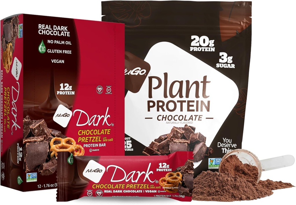 NuGo Dark Chocolate Pretzel w/SS, 12g Vegan protein, Gluten Free, Kosher Pareve, Non-GMO, 12 Kont ve NuGo Plant Protein Toz, Chocolate, 20g Protein, 3g Sugar, 25 Servisler