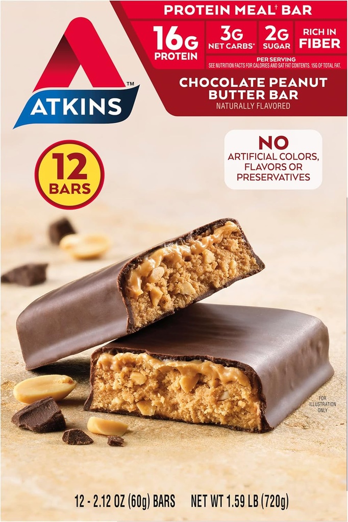 Atkins Peanut Butter Protein Meal Bar, Yüksek Fiber, 16g Protein, Low Sugar, 3g Net Carb, Low Carb, Keto Friendly, 12 Count