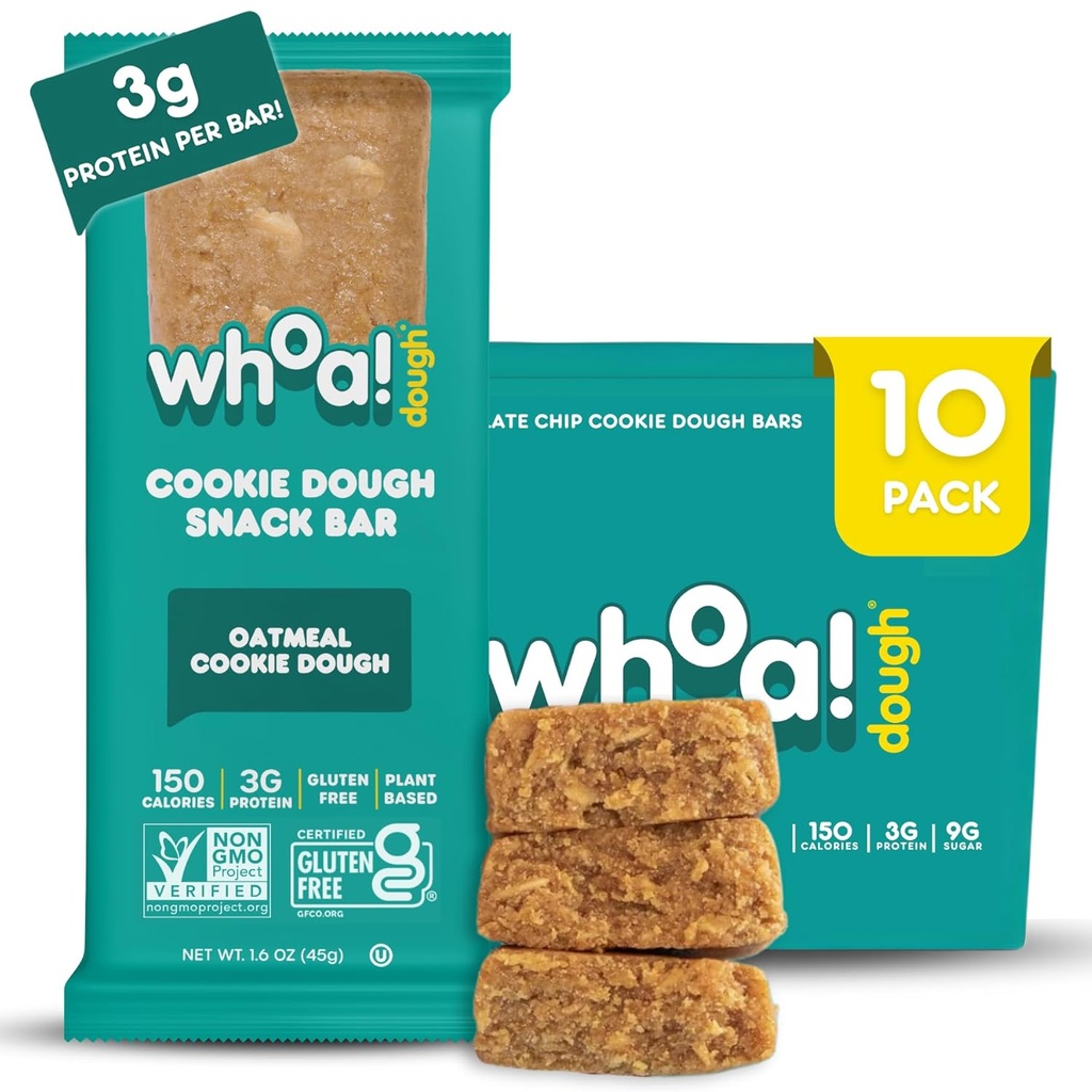 Whoa Dough Edible Cookie Dough Bars- Certified Non-GMO, Kosher ve Gluten Free Bars - Sağlıklı Snack Foods - Plant Based Snacks Made with Real Materialss - Oatmeal Cookie Dough - 10 Pack