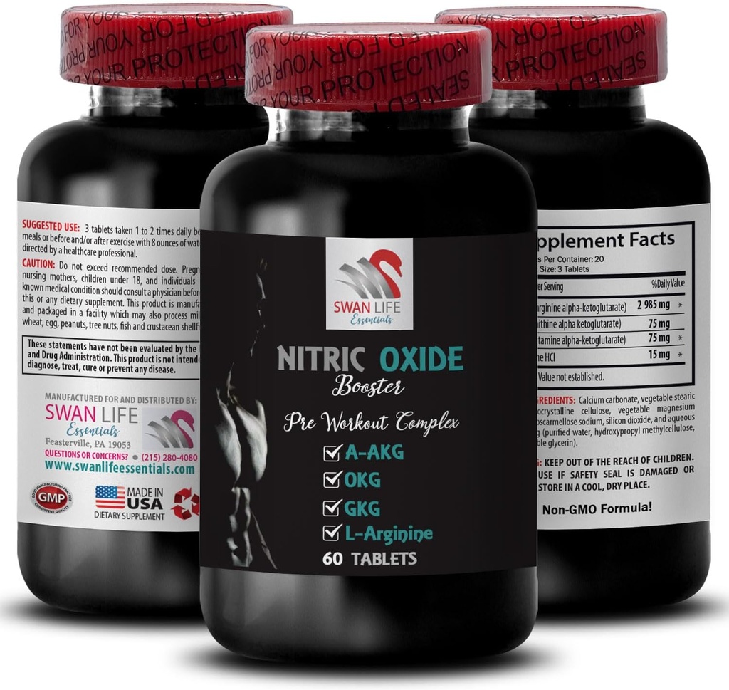 A-AKG - NITRIC OXIDE BOOSTER - erkekler için nitrik oksit takviyeleri, egzersiz enerjisi, pompa gücü, fitness formülü, dayanıklılık formülü, performans odaklanması, enerji karışımı, güç 1 Şişe 60 Tabletleri güçlendiriyor