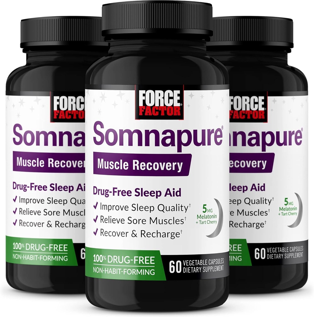 FORCE FACTOR Somnapure Muscle Recovery Sleep Aid for Yetişkinler with Melatonin 5 mg, Holy Basil, and L-Theanine, Supplement for Sleep Support, Muscle Soreness Relief, & Muscle Recovery, 180 Caps, 3-Pack