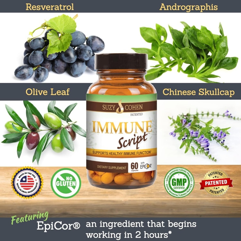 Immune script with EpiCor for Mevsim Immune, Gut and Respiratory Support - Contains Andrographis, Skullcap, Resveratrol, Olive Leaf, Supports Renoing Sleep - 60 Capsules