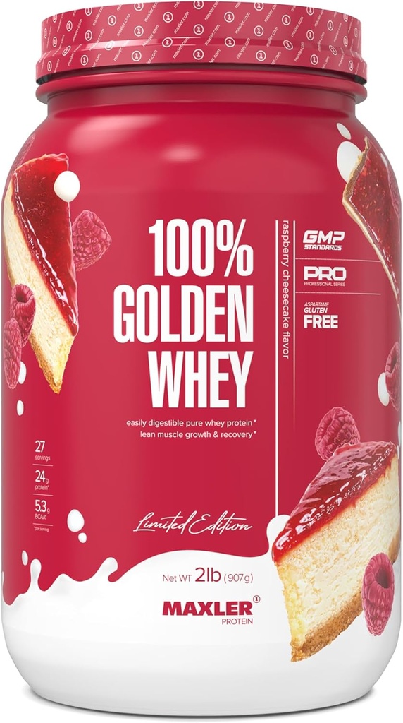 Maxler% 100 Golden Whey proteini - Hizmet başına protein 24g - Pre Workout için Premium Whey Protein Tozu - Hızlı Nisorbing Whey Yoğun Hidrolysate Mix - Raspberrycake 2 lb