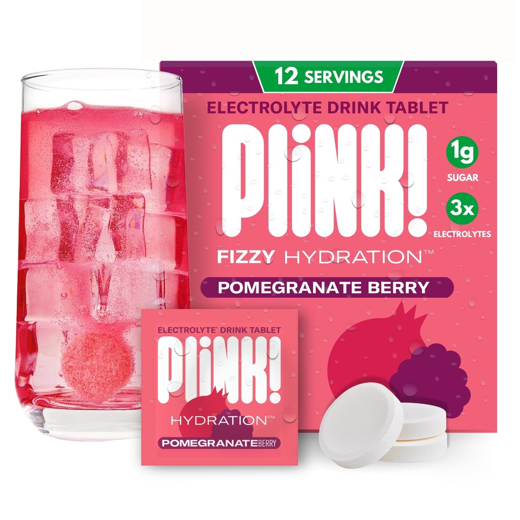 Plink! Yetişkinler ve Çocuklar için Fizzy Electrolyte Tabletleri - Pomegranate Berry, 12ct – Family-Friendly Daily Hydration – Low Sugar, Vegan, Keto Friendly, Non-GMOMO