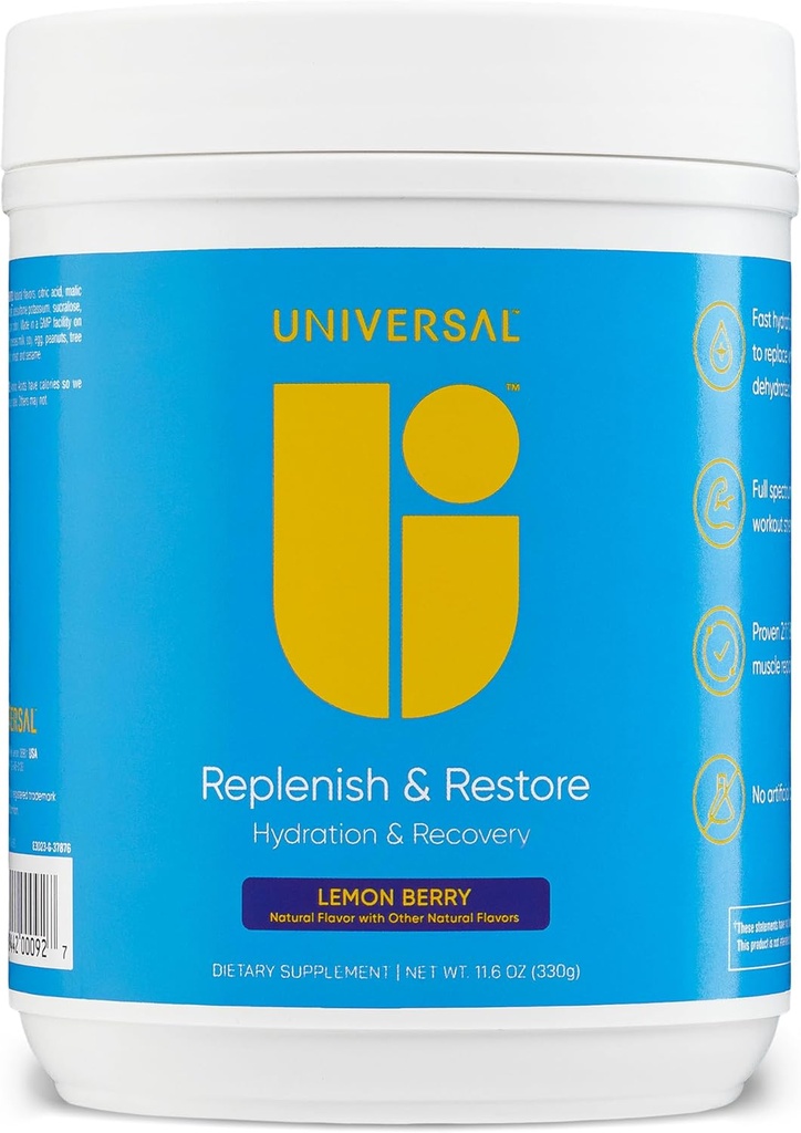 Universal U Replenish & Restore Powder, Hydration & Recovery, προάγει την αποκατάσταση και την ανάπτυξη μυών, συνήθεια Dosing, L-Lysine, L-Glutamine, L-Tryptophan, χωρίς τεχνητές γεύσεις, 30 υπηρεσίες (Lemon Berry)