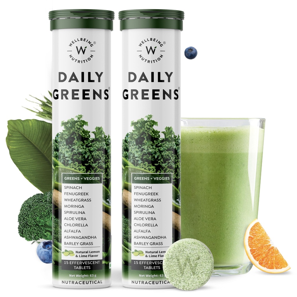 WELLBEING NUTRITION Daily Greens, Wholefood Multivitamin with Vitamin C, çinko, B6, B12 for Immunity and Detox with 39+ Organik sertifikalı Plant Superfoods & Antioksis (15Ta x 2) (63 g)