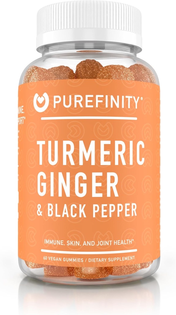 PUREFINITY Turmeric ve Ginger Supplement Gummies with Black Pepper, Ortak Destek Curcumin Chewables with Delicious Flavor – Gluten Free, Non-GMO, Vegan, 60 Count