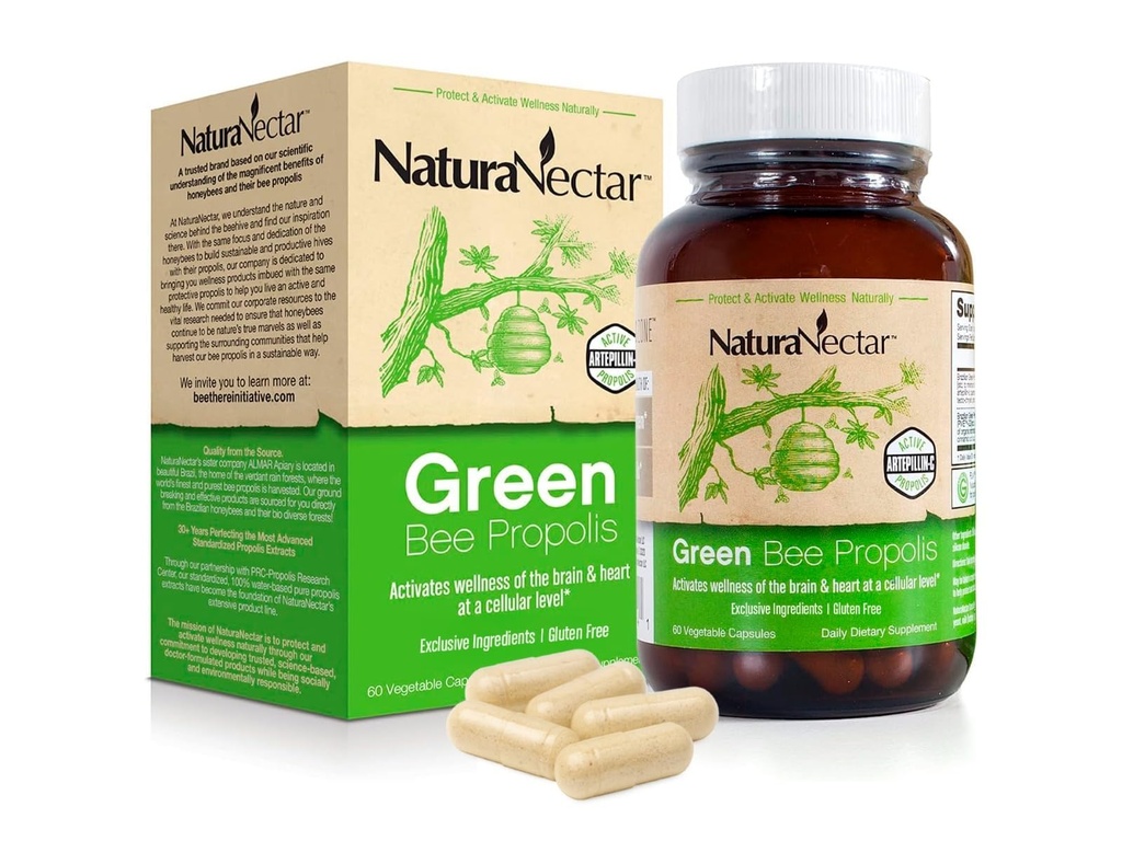 NaturaNectar - Πράσινη Μέλισσα Κάψουλες Πρόπολης - NSF Contents Certified Brazilian Green Propolis - Συμπληρώματα Πρόπολης Χωρίς Γλουτένη με Φλαβονοειδή - Φυσικά Προέρχονται Μέσω Ηθικής Μελισσοκομίας (60pcs.)