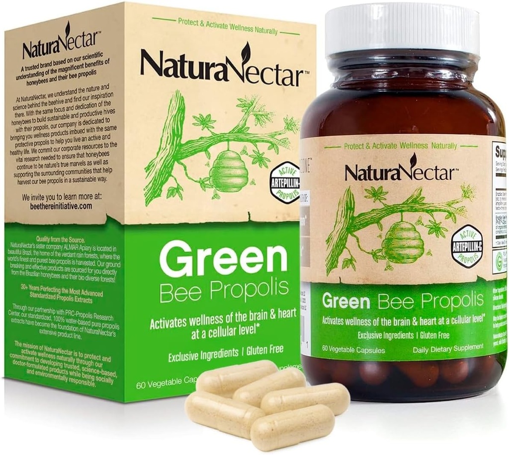 NaturaNectar - Green Bee Propolis Capsules - NSF Contents Sertifikalı Brezilyalı Yeşil Propolis - Flavononoyaklarla Gluten-Free Propolis Supplements - Doğal Enerji Koruma (60parça).
