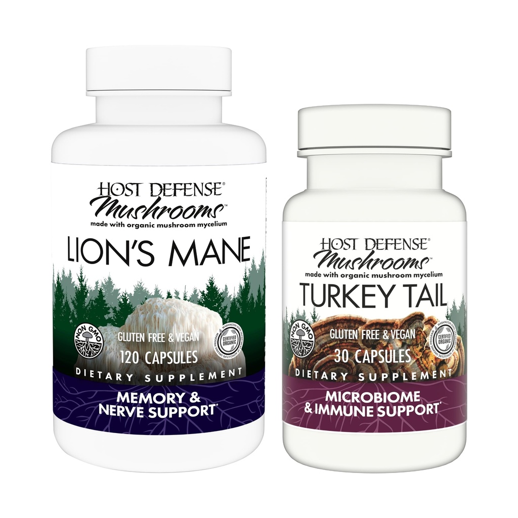 Host Defense Sche with Lion's Mane Capsules, 120 Count & Turkey Tail Capsules, 30 Count - Support Brain Health, Memory & Focus - Support Digestive & Immune Health*