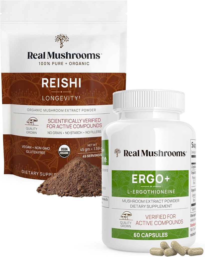 Real Mushrooms Ergothioneine (60ct) ve Reishi Organik Toz (45 Hizmet) Sche with Shiitake and Oyster Mushroom Extracts - Longevity and Relaxation -Vegan, Gluten Free, Non-GMO