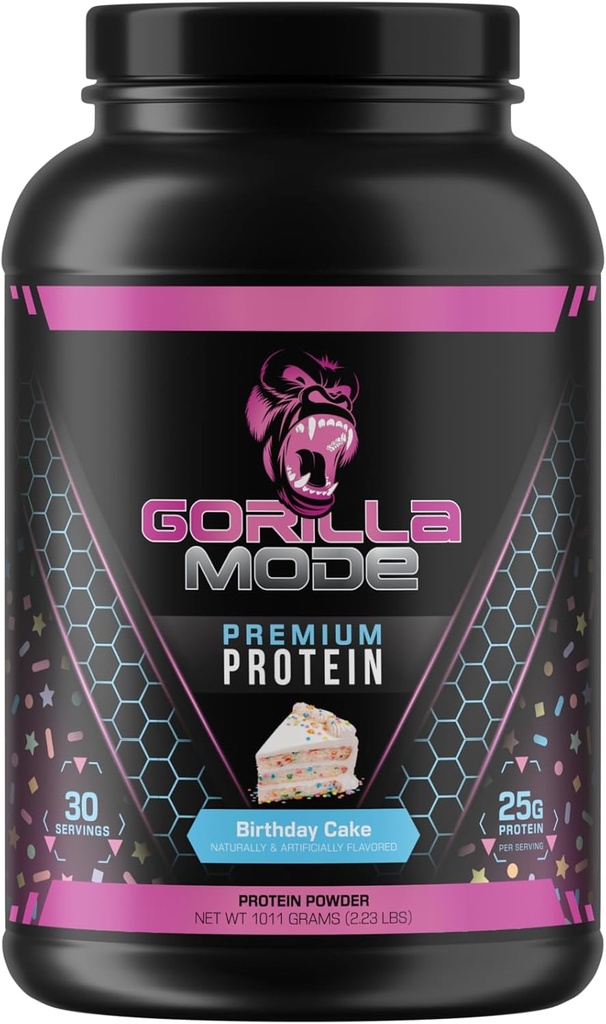 Gorilla Mind Premium πρωτεΐνη ορού γάλακτος - τούρτα γενεθλίων, 25 γραμμάρια πρωτεΐνης ορού γάλακτος απομόνωσης & συμπύκνωσης, ανάκτησης και κατασκευής μυών (30 υπηρεσίες)