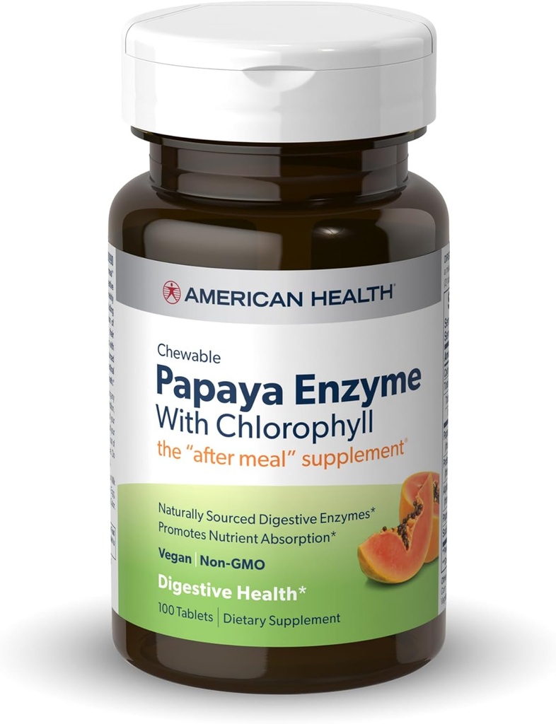 American Health Papaya Enzyme with Chlorophyll - 100 Chewable Tabletler - Nutrient Abors - Non-GMO, Vegan, Gluten Free - 33 Hizmetler