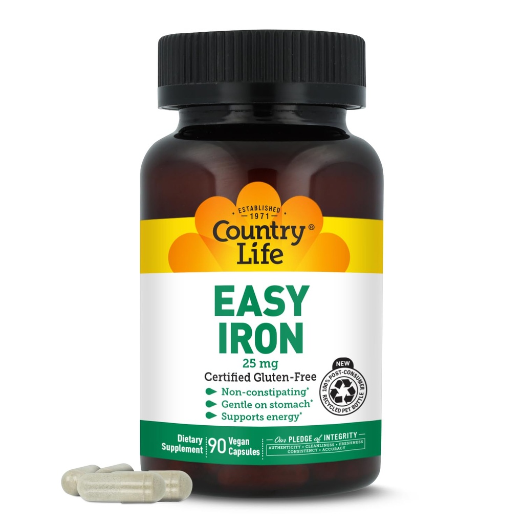 Ülke Hayatı Easy Iron 25 mg Capsules - Gentle Non-Constipating Ferrochel - Kadınlar ve Erkekler için Vegan Vitamin Supplement - Destekler Body Energy