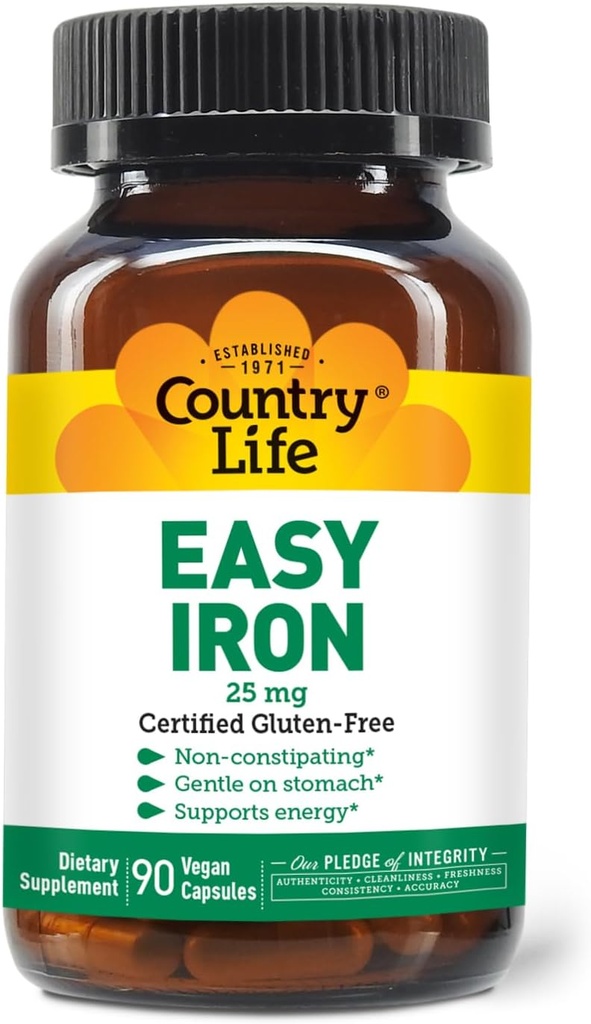 Country Life Easy Iron 25mg Capsules - Gentle Non-Constipating Ferrochel - Vegan Vitamin Supplement for Women & Men - Supports Body Energy