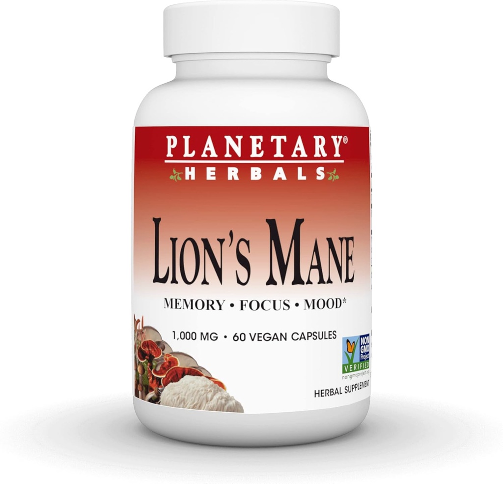 Gezegensel Herbals Lion's Mane, Memory, Focus ve Mood*, 1000 mg - 60 Vegan Capsules
