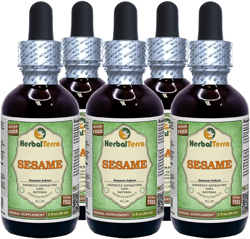 Sesame (Sesamum Indicum) Glycerite, Organik Kuru Tohumlar Alkol-FREE Sıvı Ekstraksiyon (Brand adı: HerbalTerra, Proudly ABD'de yapıldı) 5x2 fl.oz (5x60 ml)