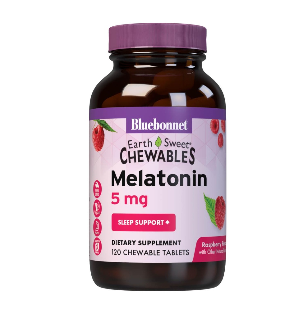 Bluebonnet Beslenme DünyaSweet Melatonin 5 mg Fast-Acting Quick Dissolve Nighttime Relaxation & Restful Sleep Support - Sleep Aid - Gluten-Free, Vegan - Raspberry Flavor - 120 Chewable Tabletler