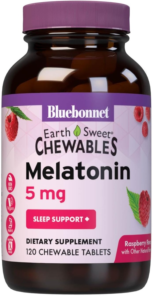 Bluebonnet Beslenme DünyaSweet Melatonin 5 mg Fast-Acting Quick Dissolve Nighttime Relaxation & Restful Sleep Support - Sleep Aid - Gluten-Free, Vegan - Raspberry Flavor - 120 Chewable Tabletler