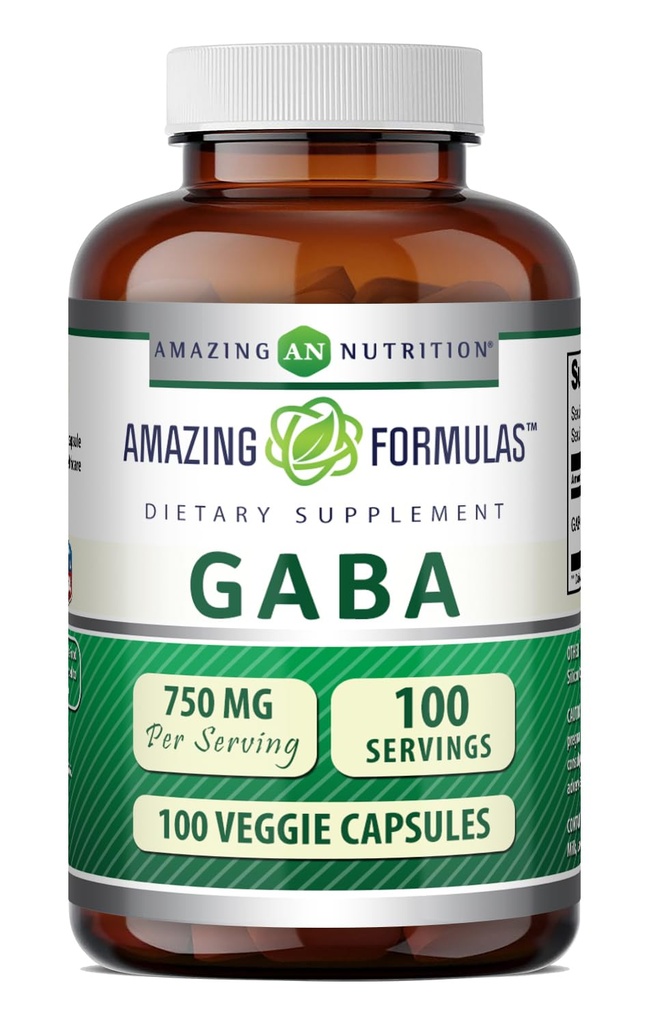 Amazing Formulas GABA Supplement | 750 Mg per Service | 100 Veggie Capsules | Non-GMO | Gluten-Free | Made in USA | Ideal for Vegetarians