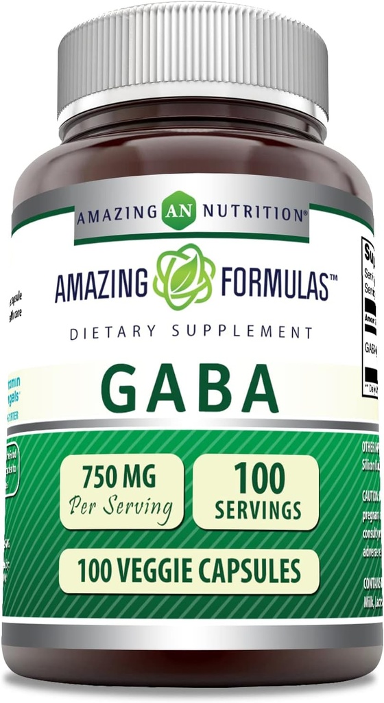 Amazing Formulas GABA Supplement | 750 Mg per Service | 100 Veggie Capsules | Non-GMO | Gluten-Free | Made in USA | Ideal for Vegetarians