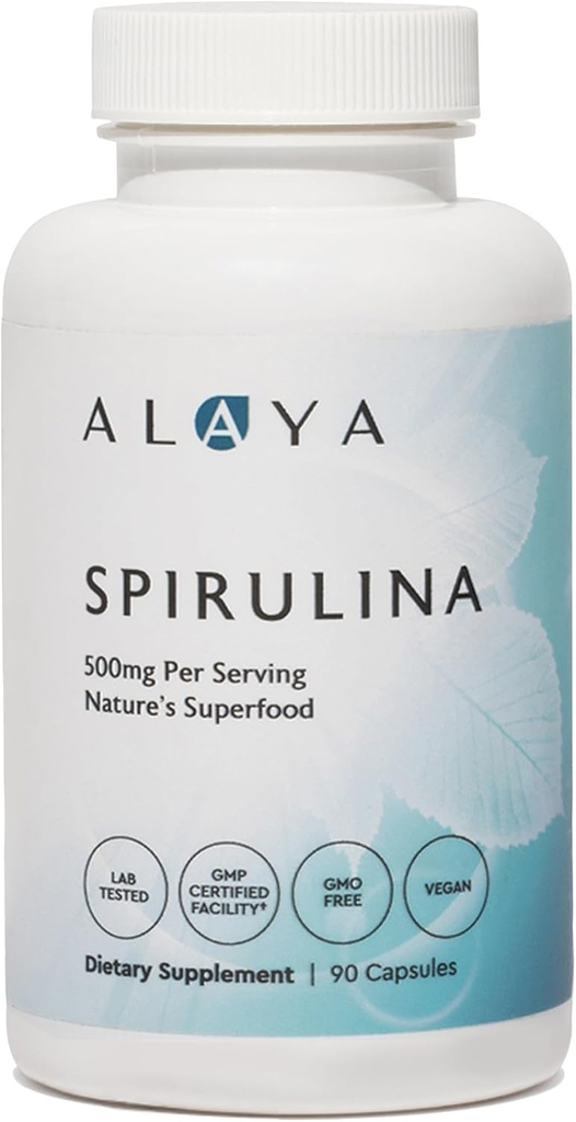 Alaya Naturals - Καθαρές κάψουλες Spirulina - Κατασκευασμένες με Earthrise Spirulina, Blue Green Algae Superfood - Μη ΓΤΟ & Vegan - 500 mg, 90 κάψουλες