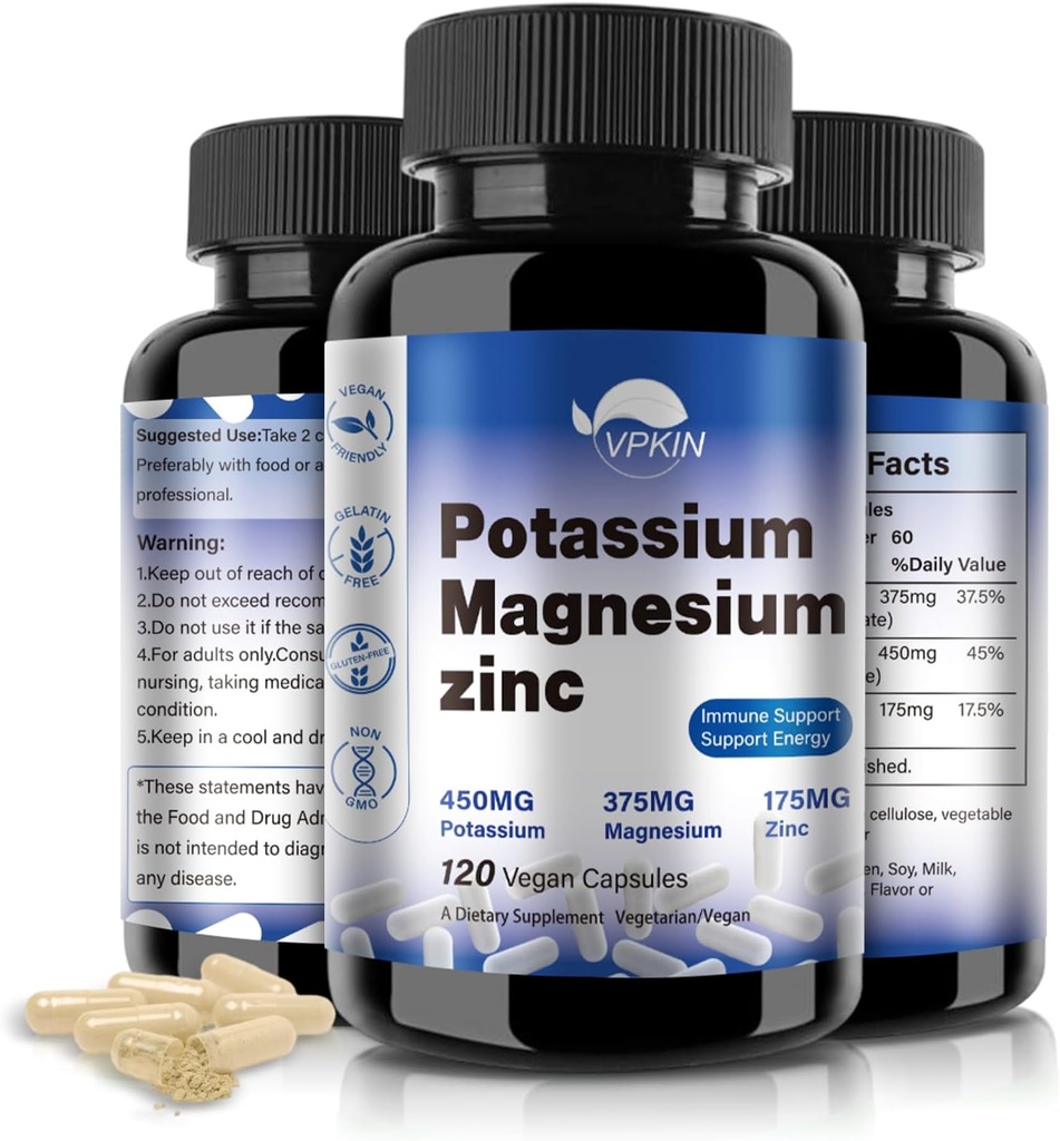 Potassium Magnesium Supplement 1000mg, Magnesium Potassium Zinc Aspartate Support Vascular, Bone, Heart, Muscle & Nerve Health, Non-GMO, Vegan, (120 Capsules)