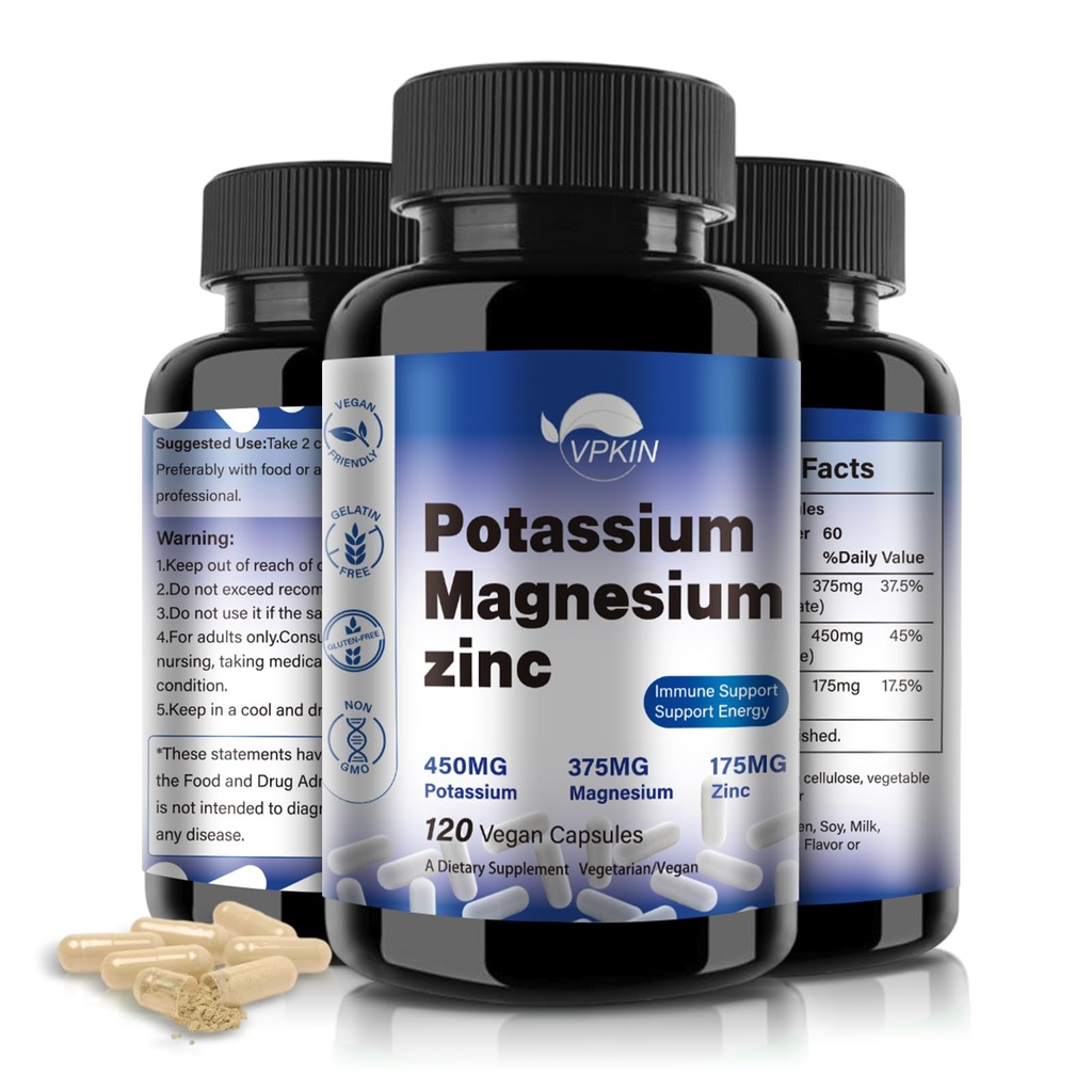 Potasyum, Magnezyum Supplement 1000 mg, Pyum çinko Aspartate Support Vascular, Bone, Heart, Muscle & Nerve Health, Non-GMO, Vegan, (120 Capsules)