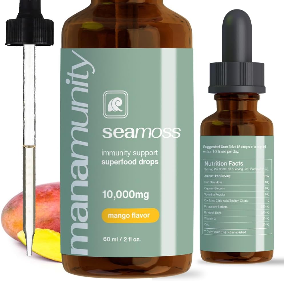Sea Moss Liquid Drops 10,000 mg Organic Irish Sea Moss Gel with 350 mg Burdock Root Supplement & 20,000 mg Spirulina Immune Support, Joint & Thyroid Support - Vegan (Mango)