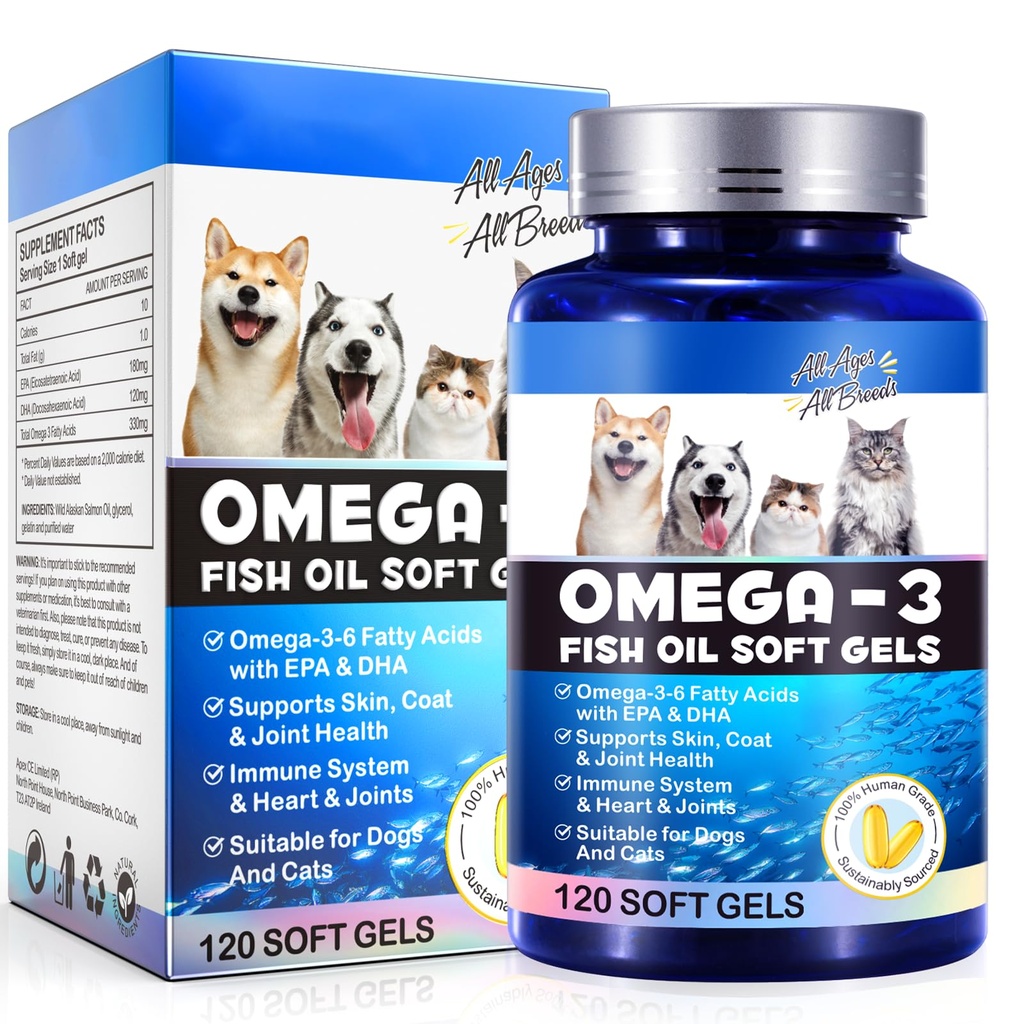 Omega-3 Köpekler için Balık Yağı, Omega 3 Balık Yağı EPA & DHA Destekleri Köpek Mevsimi Tüm Enerjiler Yardımı, Immune Function, Itch Skin Relief & Trust Health, Pet Supplements - 120 Soft Gels