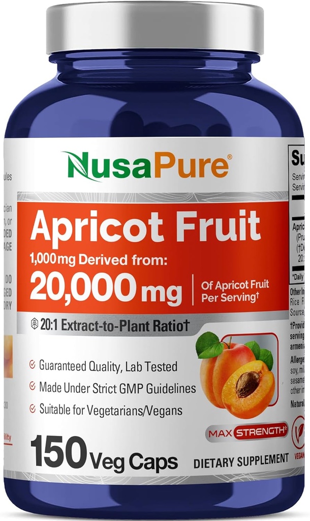 NusaPure Apricot 20:1 Ekstraksiyon, 1000 mg 20.000 mg 150 Veggie Capsules (Vegan, Non-GMO)