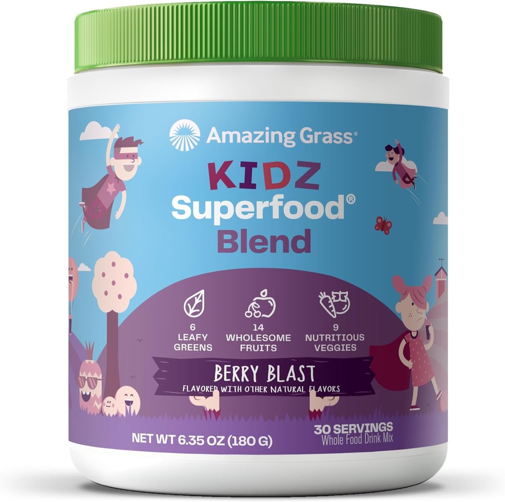 Amazing Grass Kidz Superfood: Organik Yeşiller, Meyveler, Veggies, Arıt Kök Toz ve Sağlıklı Çocuklar için Probiyotikler, Berry Blast, 30 Hizmetler