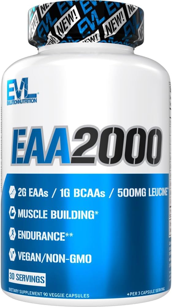 Evlution Beslenme EAA2000 - Pre & Post Workout Capsules - Muscle Building + Recovery Supplement - 2g Essential replicas + 1g BCAAs - Endurance + Enerji Desteği - 30 Hizmet