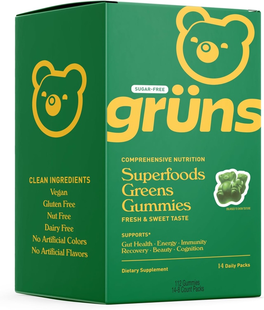 Gruns Sugar Free Super Greens Gummy Bears - Organik Spirulina ve Chlorella, Digestive Health, 20+ Vitaminler ve Mineraller, Adaptogens - 14 sachets - 112 Gummies