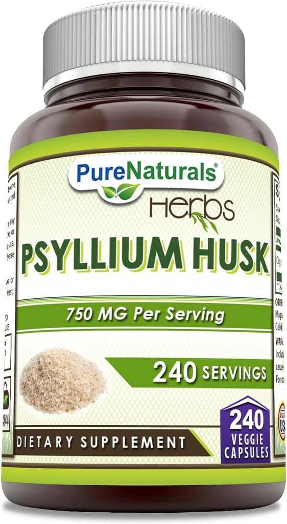 Pure Naturals Psyllium Husk Supplement | 750 Mg Per | 240 Veggie Capsules | Non-GMO | Gluten-Free | Made in USA